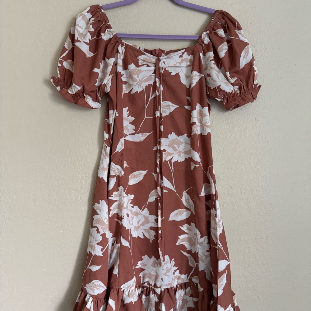 Floral Puff Sleeve Dress - Brown and White